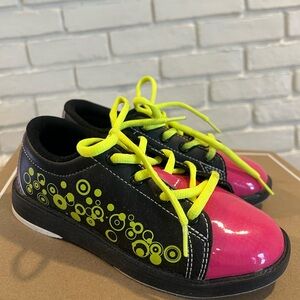 Kids' Black and Pink Bowling shoes with Neon Accents.